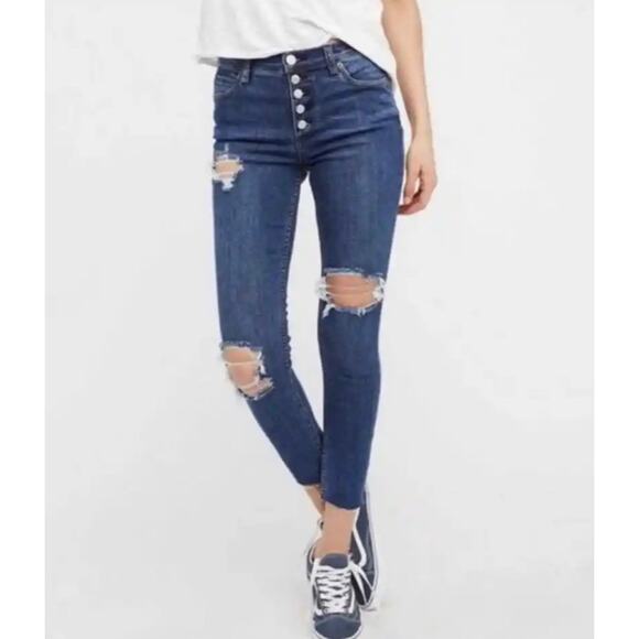 Free People Button Fly Raw Hem Distressed Skinny Jeans - Picture 1 of 6